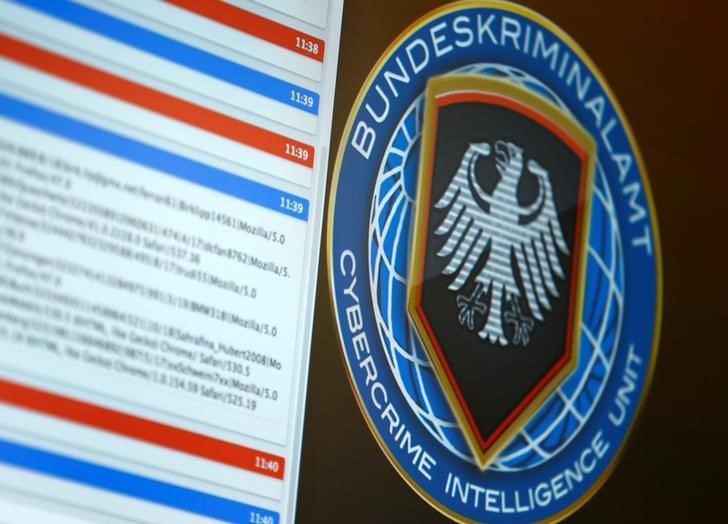 © Reuters. A logo of the Cybercrime Intelligence Unit of Germany's Bundeskriminalamt (BKA) Federal Crime Office is pictured during a media day in Wiesbaden