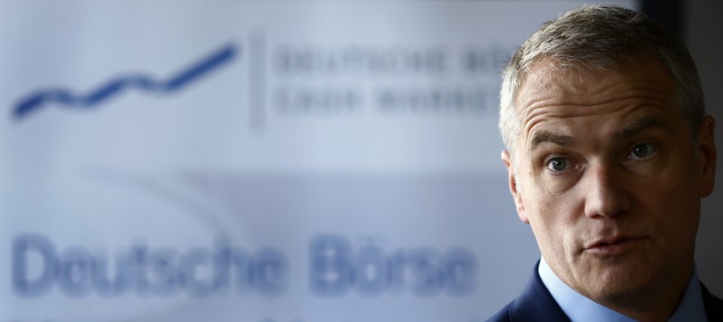 © Reuters. Kengeter, CEO of Deutsche Boerse talks to the media during the presentation of FinTec start-up facilities provided by Deutsche Boerse in Frankfurt