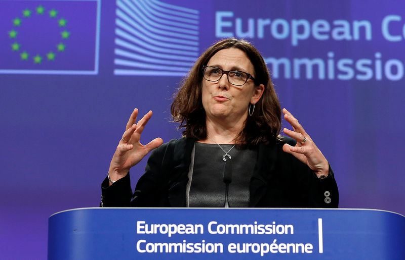 © Reuters. European Trade Commissioner Cecilia Malmstrom holds a news conference at the EU Commission headquarters in Brussels
