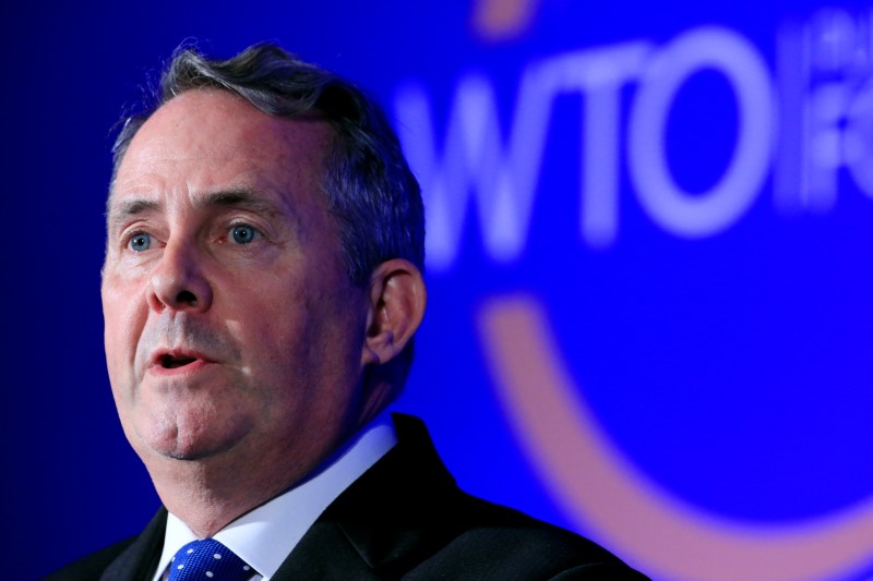 © Reuters. Britain's International Trade Secretary Liam Fox speaks during the WTO annual Public Forum in Geneva