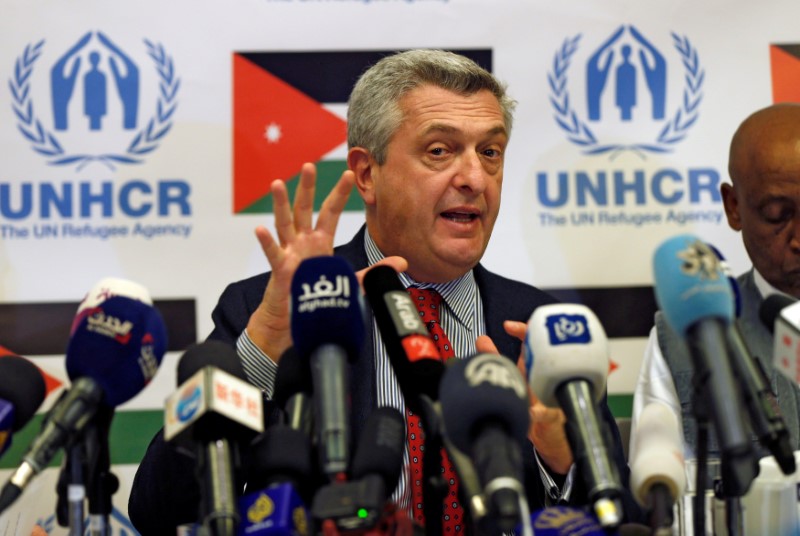© Reuters. U.N. High Commissioner for Refugees Grandi speaks during a news conference in Amman