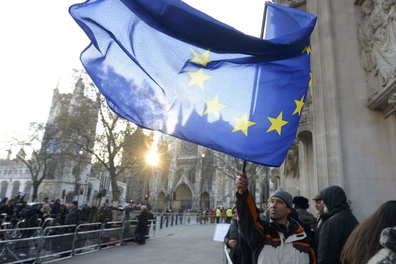 © Reuters. A man waiting to enter the public gallery waves a European Union flag outside the Supreme Court in Parliament Square, central London
