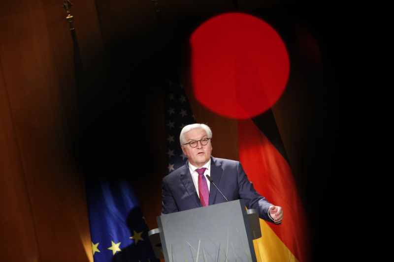 © Reuters. German Foreign Minister Frank-Walter Steinmeier delivers a sppech at the Foreign Ministry in Berlin