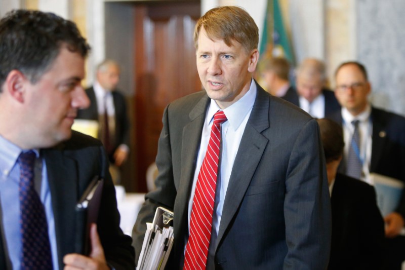 © Reuters. Cordray departs following a meeting of the Financial Stability Oversight Council at the Treasury Department in Washington