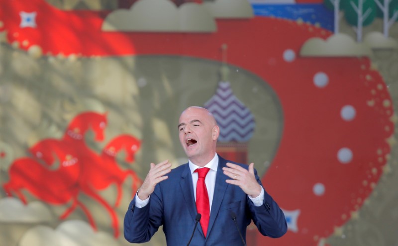 © Reuters. FIFA President Infantino delivers speech during launching ceremony of 2018 World Cup and 2017 Confederations Cup volunteer campaign in Moscow