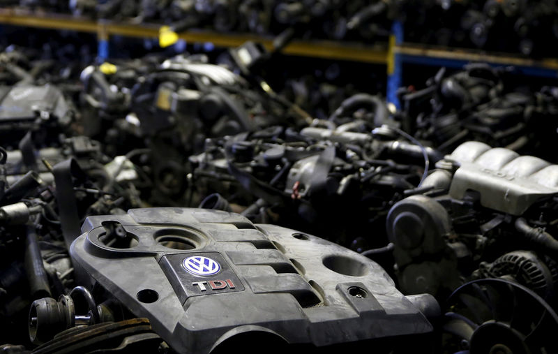 © Reuters. Volkswagen TDI diesel engines are seen in this photo illustration of second-hand car parts in Jelah