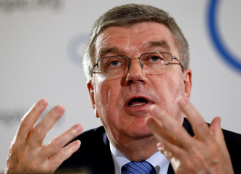 © Reuters. IOC President Bach attends a news conference after an Executive Board meeting in Lausanne
