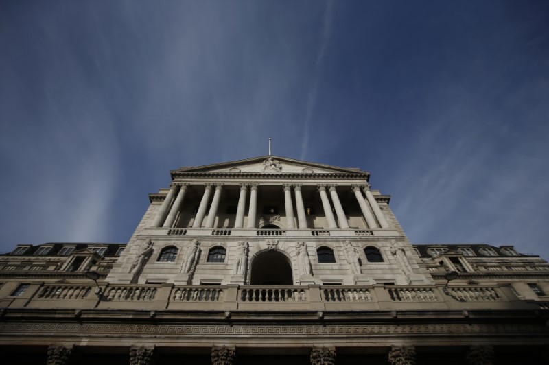 © Reuters. A blue sky is seen above the Bank of England in the City of London