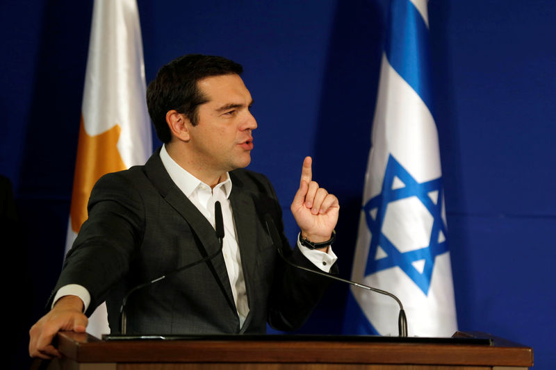 © Reuters. Greek Prime Minister Alexis Tsipras speaks during a signing ceremony of a trilateral agrement together with Israel and Cyprus in Jerusalem