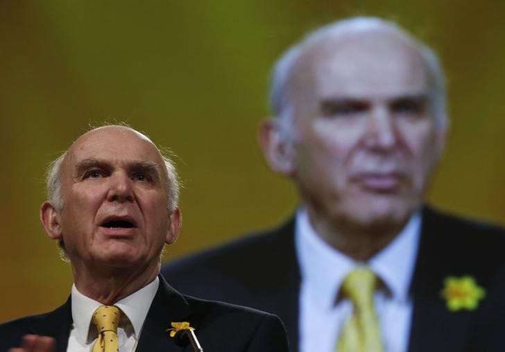 © Reuters. Britain's Business Secretary Vince Cable talks during his keynote speech on the second day of Liberal Democrat party's spring conference in Liverpool