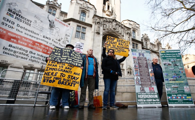 © Reuters. Pro and anti-Brexit protesters stand outside the Supreme Court in Parliament Square, central London