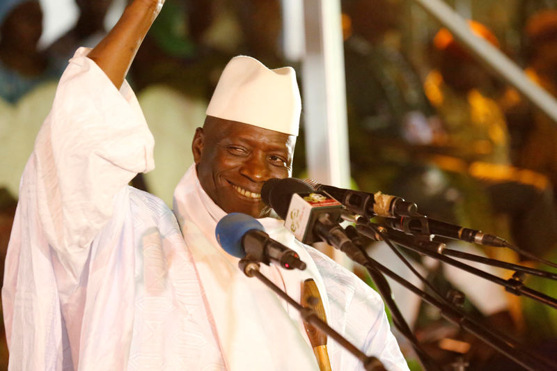 © Reuters. Gambia's President Jammeh smiles during a rally in Banjul