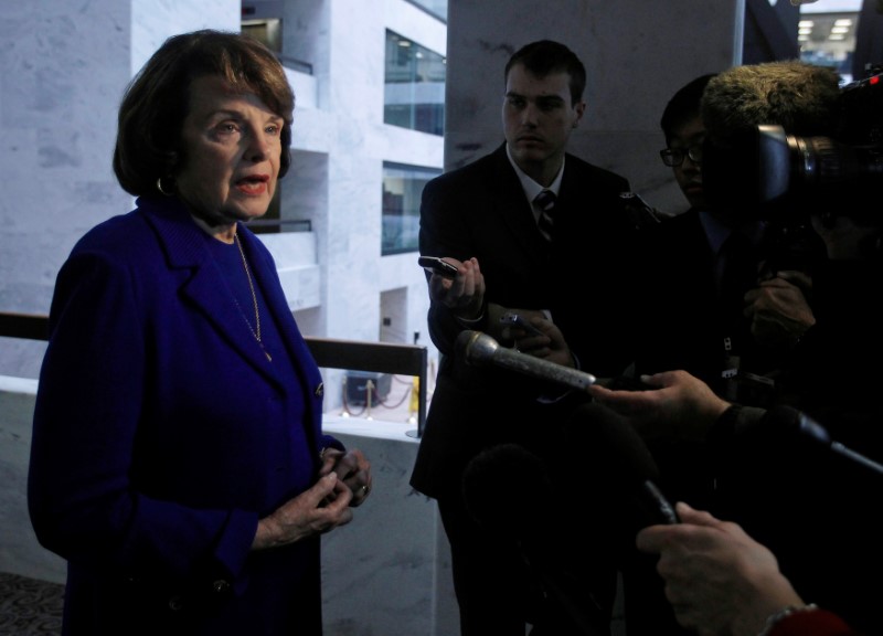 © Reuters. Senator Feinstein speaks to media regarding CIA Director Brennan's nomination in Washington