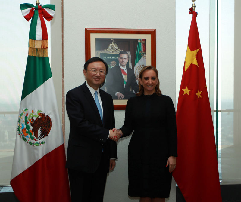 © Reuters. Mexico's Foreign Minister Claudia Ruiz Massieu shakes hands with Chinese State Councillor Yang Jiechi after attending a private meeting at the foreign ministry building (SRE), in Mexico City