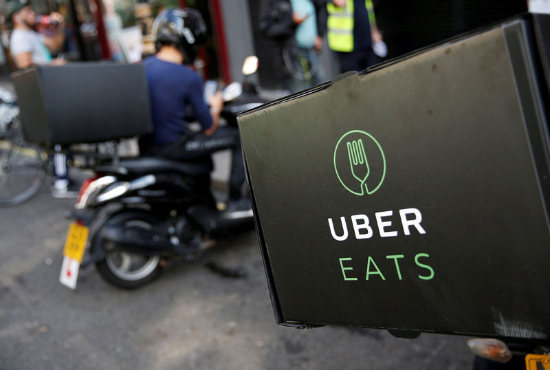 © Reuters. An UberEATS food delivery scooter is seen parked in London