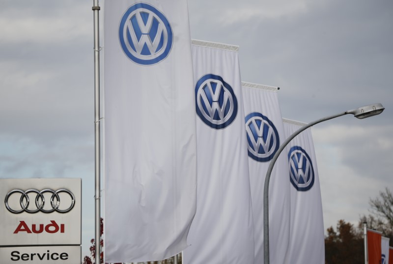 © Reuters. A logo of Audi is pictured next to flags with logos of VW at a car shop in Bad Honnef