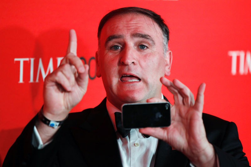 © Reuters. Chef Jose Andres arrives to be honored at the Time 100 Gala in New York