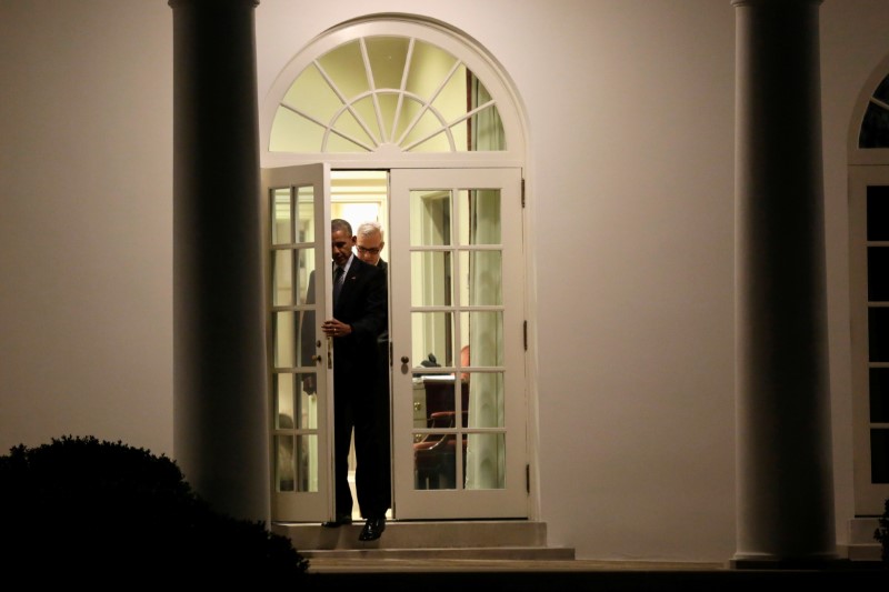 © Reuters. U.S. President Barack Obama walks out with White House Chief of Staff Denis McDonough from the Oval Office of the White House in Washington