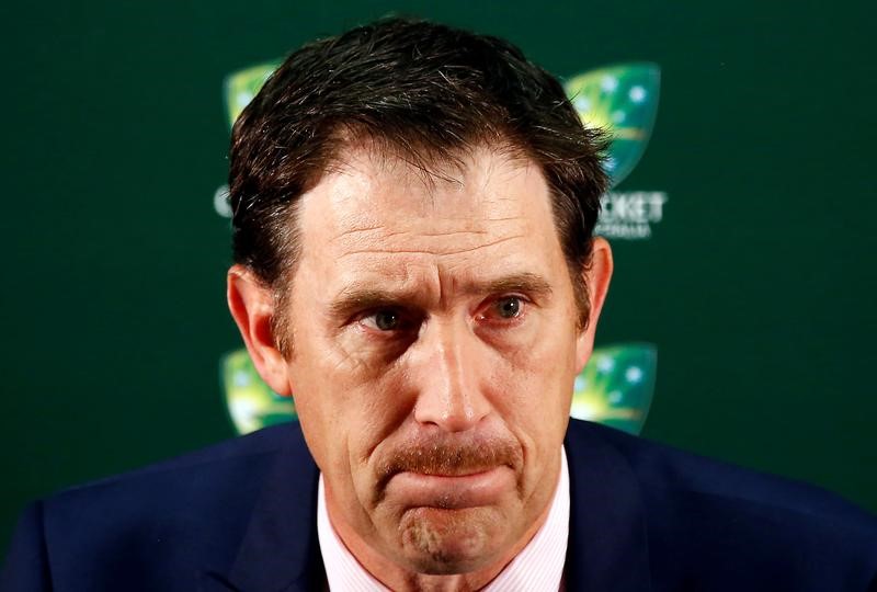 © Reuters. Cricket Australia Chief Executive Officer James Sutherland reacts as he talks during a media conference at the WACA Ground in Perth, Australia
