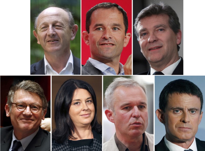 © Reuters. A combination picture shows portraits of French politicians after the announcement of the official list of candidates for the French Socialist presidential primary, in Paris