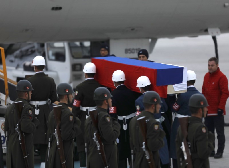 © Reuters. Flag-wrapped coffin of late Russian Ambassador to Turkey Karlov is carried to a plane during a ceremony at Esenboga airport in Ankara