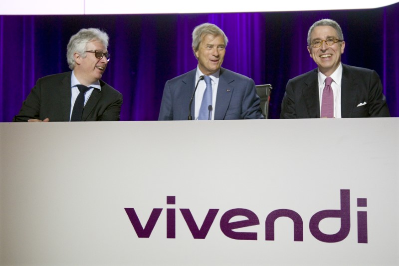 © Reuters. Vincent Bollore, chairman of Vivendi and largest shareholder, attends during the company's shareholders meeting in Paris