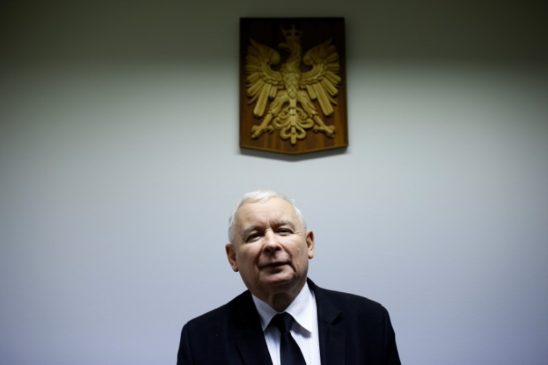 © Reuters. Leader of Law and Justice party Kaczynski poses after an interview with Reuters in party headquarters in Warsaw