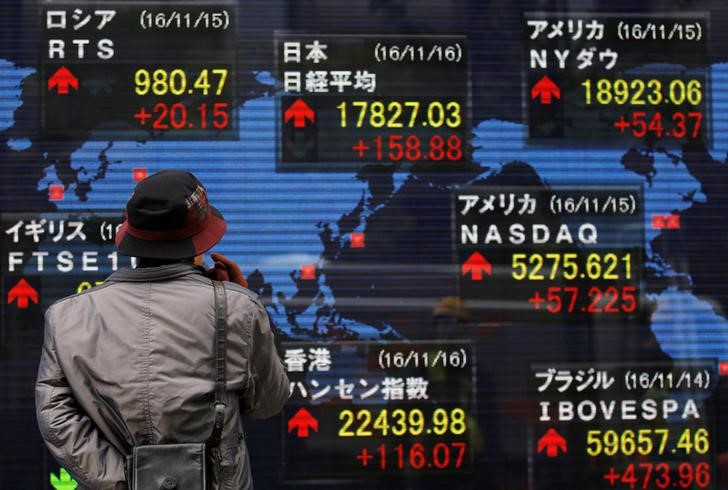 © Reuters. A man looks at an electronic board showing the stock market indices of various countries outside a brokerage in Tokyo
