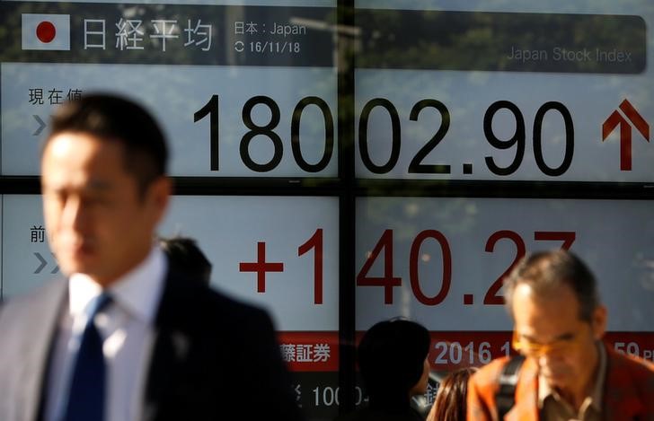 © Reuters. People walk past an electronic board showing Japan's Nikkei average outside a brokerage in Tokyo