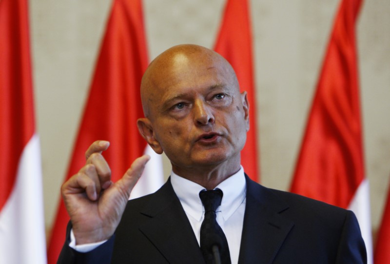 © Reuters. Chairman of the Hungarian Banking Association Patai gestures during a news conference in Budapest