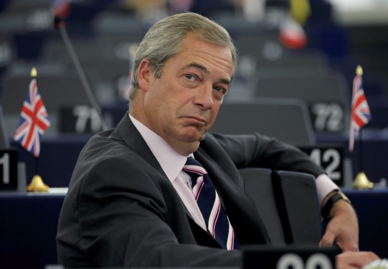 © Reuters. File photo of Nigel Farage, UKIP member and MEP waiting for the start of a debate at the European Parliament in Strasbourg