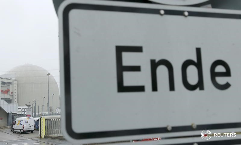 © Reuters. File photo of a traffic sign reading 'end' seen in front of the entrance of the nuclear power plant in Biblis