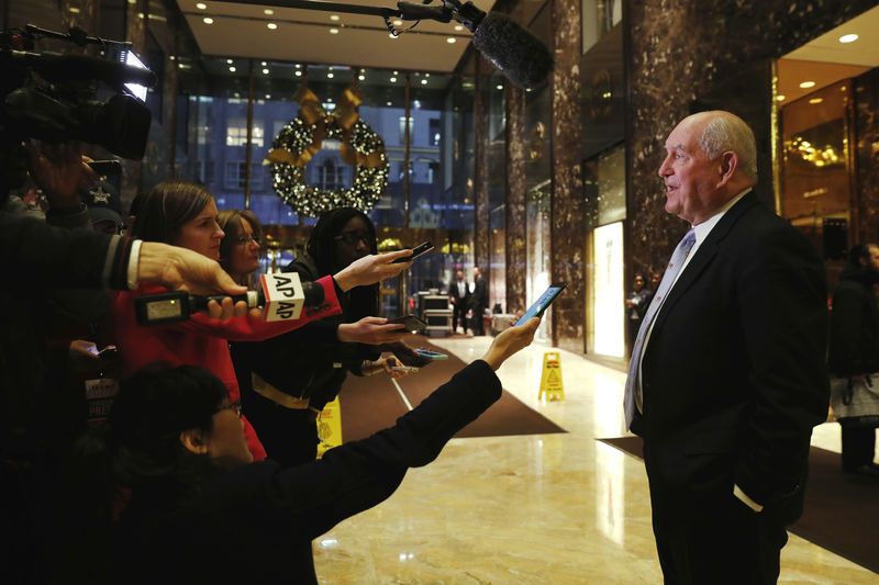 © Reuters. Former Georgia governor Sonny Perdue speaks to the news media after a meeting at Trump Tower with U.S. President-elect Donald Trump in New York