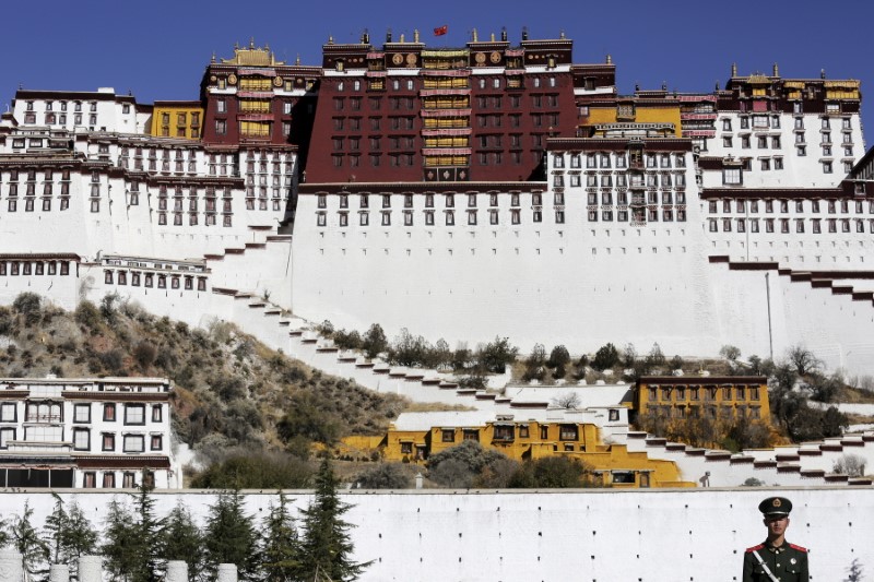 © Reuters. A paramilitary policeman stands guard in front of the Potala Palace in Lhasa, Tibet Autonomous Region