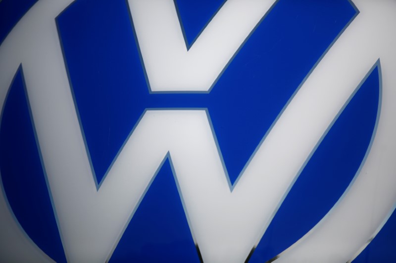 © Reuters. Volkswagen logo is pictured at the newly opened Volkswagen factory in Wrzesnia near Poznan