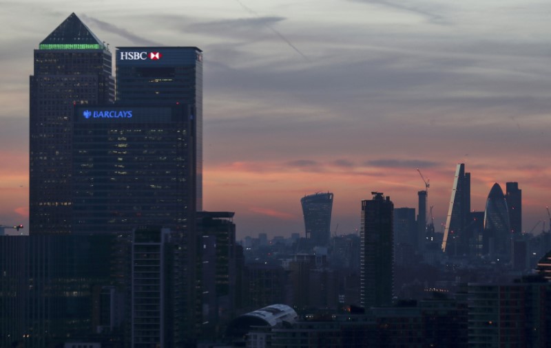 © Reuters. Canary Wharf and the city are seen at sunset in London