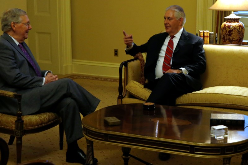 © Reuters. McConnell meets with Tillerson at the U.S. Capitol on Washington