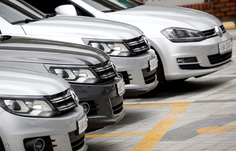 © Reuters. Volkswagen cars are parked at a dealership in Seoul