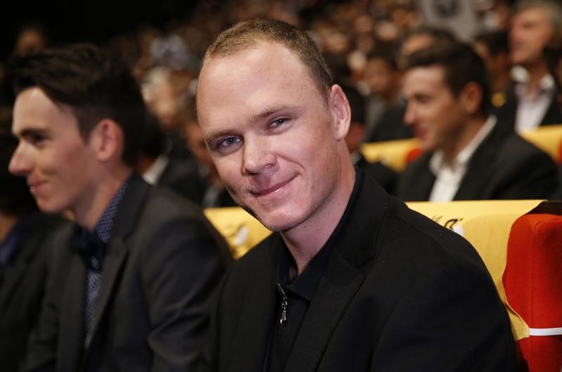 © Reuters. Rider Chris Froome of Britain attends the presentation of the itinerary of the 2017 Tour de France cycling race during a news conference in Paris