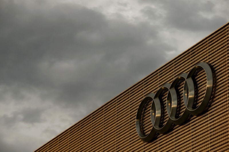 © Reuters. Logo of German car manufacturer Audi is seen at a building of a car dealer in Duebendorf