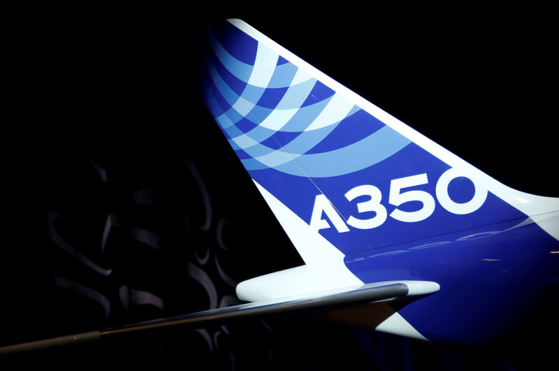 © Reuters. FILE PHOTO: The logo of an Airbus A350-1000 is pictured on a scale model during its maiden flight event in Colomiers near Toulouse