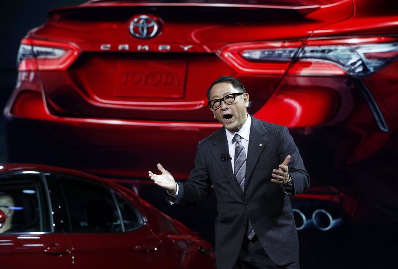 © Reuters. Toyota's Toyoda speaks during the North American International Auto Show in Detroit