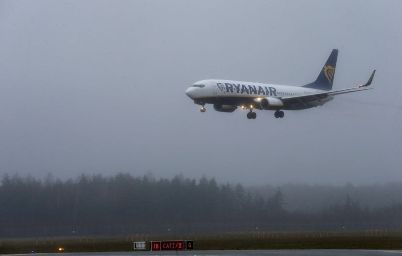 © Reuters. A Ryanair aircraft lands during a foggy day on Riga International Airport in Riga