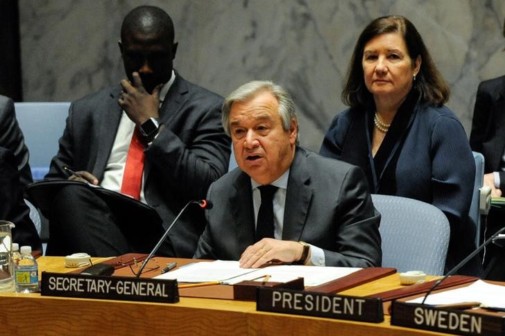 © Reuters. Secretário-geral da ONU, António Guterres, discursa para o Conselho de Segurança das Nações Unidas