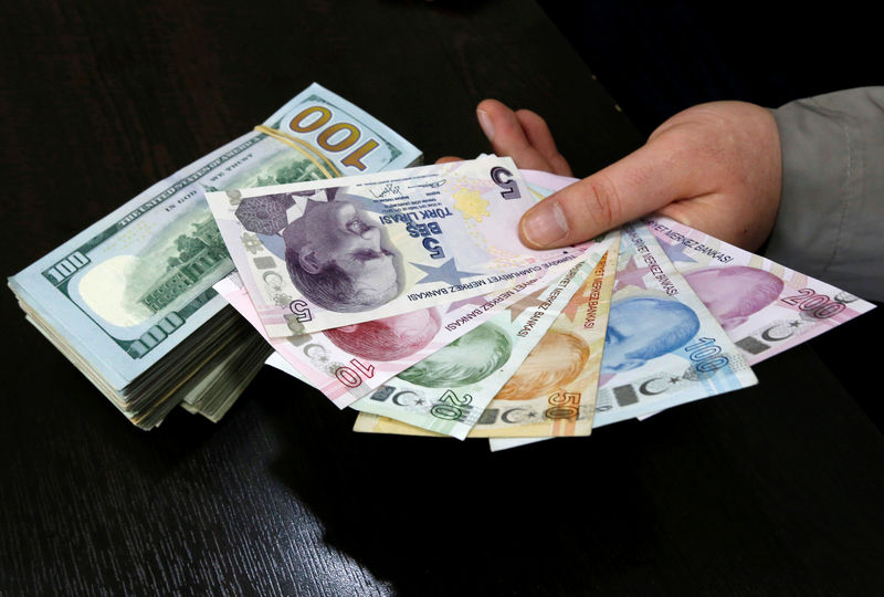 © Reuters. FILE PHOTO - A money changer holds Turkish lira banknotes next to U.S. dollar bills at a currency exchange office in central Istanbul