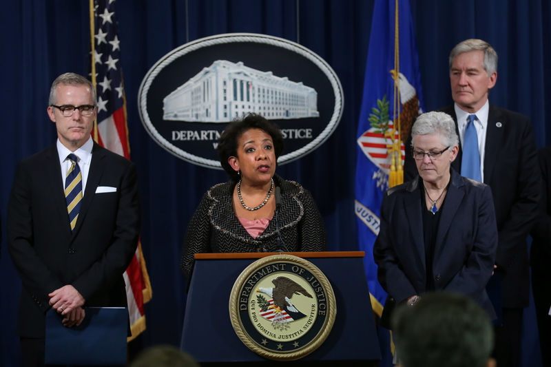 © Reuters. U.S. Attorney General Loretta Lynch speaks during a news conference accompanied by EPA Administrator Gina McCarthy, FBI Deputy Director Andrew McCabe and Acting Deputy Secretary Russell Deyo (for the Department of Homeland Security) in Washington
