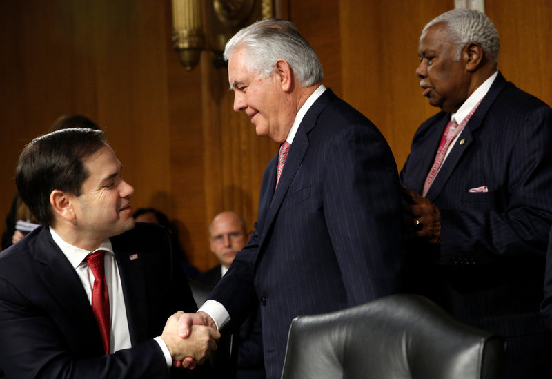 © Reuters. Rex Tillerson shakes hands with Rubio at his confirmation hearing to become U.S. Secretary of State in Washington