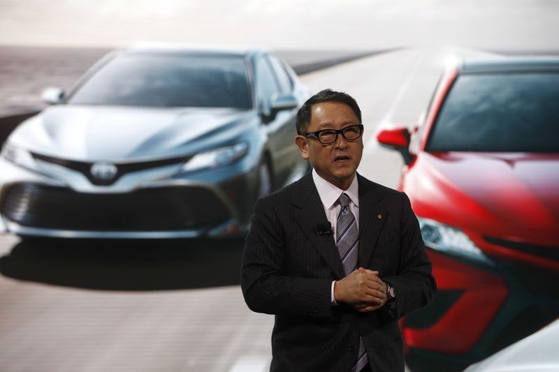 © Reuters. Toyota's Toyoda speaks during the North American International Auto Show in Detroit