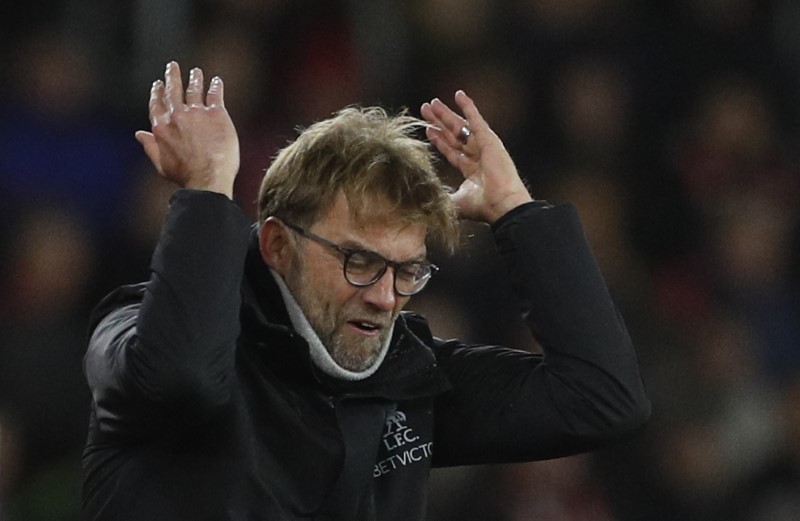 © Reuters. Liverpool manager Juergen Klopp reacts