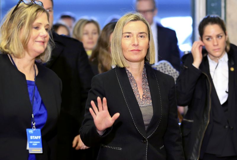 © Reuters. European Union Foreign Policy Chief Mogherini arrives for the Conference on Cyprus at the UN in Geneva